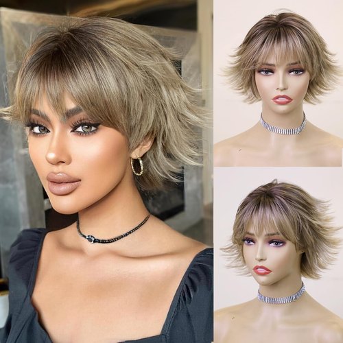 XIXISNOW Brown Blonde Wigs for Women Short Wavy Bob Wig with Bangs Hair Replacement Wigs Synthetic Short Curly Wave Wigs Womens Wigs Realistic Heat Resistant Natural Hair Wig for Daily Party Use