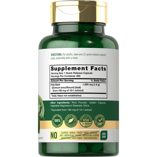 Carlyle Holy Basil Capsules 1600 mg | 200 Count | Tulsi Holy Basil Leaf Extract | Herbal Supplement | Non-GMO, Gluten Free