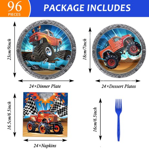 Tevxj 96PCS Truck Birthday Tableware Set Racing Car Dinnerware Disposable Plates Truck Theme Party Plates Napkins Forks for Boys Kids Car Party Decorations Supplies 24 guests