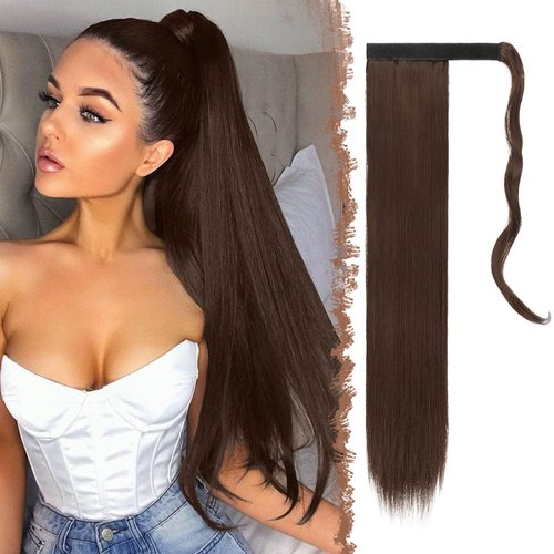 FESHFEN Straight Long Ponytail Extensions 28 Inch Medium Brown Wrap Around Synthetic Hair Piece Pony Tail Hair Extensions Hairpieces for Women Girls