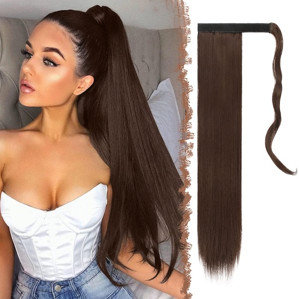 FESHFEN Straight Long Ponytail Extensions 28 Inch Medium Brown Wrap Around Synthetic Hair Piece Pony Tail Hair Extensions Hairpieces for Women Girls