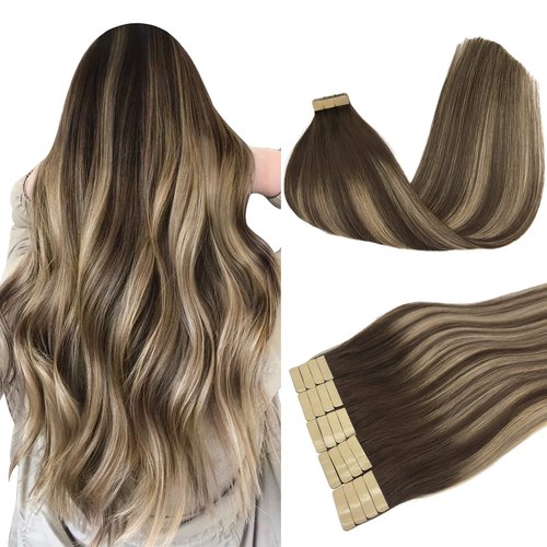 DOORES Human Hair Extensions Tape in Balayage Chocolate Brown to Honey Blonde 14 Inch 20pcs 50g Remy Tape in Hair Extensions Straight Seamless Skin Weft Tape Hair Extensions