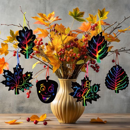 90shine 60 Sets Fall Crafts for Kids Black Scratch Autumn Leaves Magic Craft Art Kit Classroom Preschool Activities Party Favors