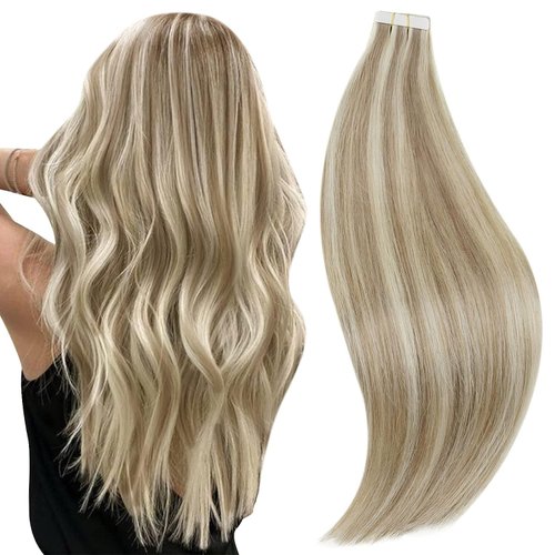 RUNATURE Blonde Tape in Hair Extensions Human Hair 16 Inch Tape in Human Hair Extensions Ash Brown with Platinum Blonde Human Hair Tape in Extensions Straight Blonde Hair Extensions Tape 50g 20pcs
