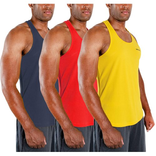 DEVOPS 3 Pack Men's Y-Back Dry Fit Muscle Gym Workout Tank Top (Medium, Charcoal/Red/Yellow)