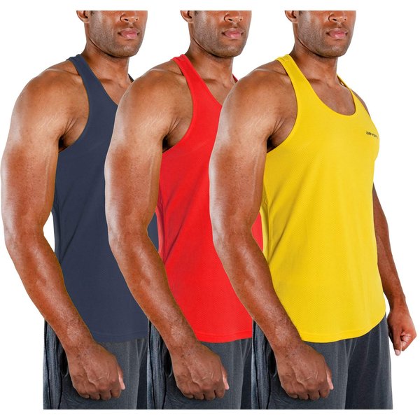 DEVOPS 3 Pack Men's Y-Back Dry Fit Muscle Gym Workout Tank Top (Medium, Charcoal/Red/Yellow)