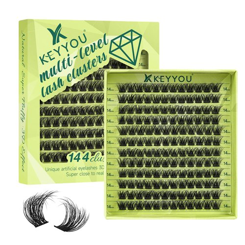 Lash Clusters 3D Effect Eyelash Clusters KEYYOU 144pcs D Curl 12mm Wispy Lashes Fluffy Cluster Lashes Natural Soft DIY Lash Extension(Enthrall-D-12)