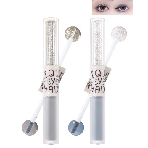 Liquid Glitter Matte Eyeshadow-2 Colors 2 in 1 High Pigmented Sparkling Eye Shadow Eyeliner, Longlasting Waterproof Eyeshadow Gream,Korean Shimmer Loose Glitter Glue for Eye Crystals Makeup-GR01+02