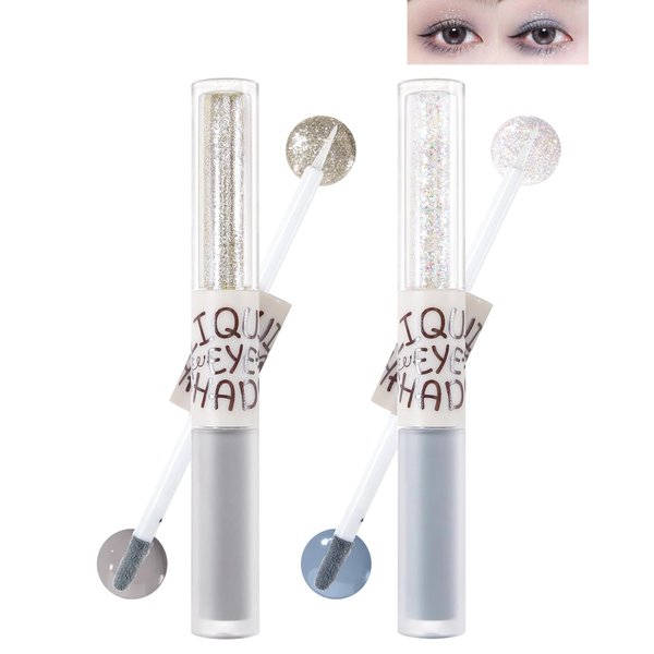 Liquid Glitter Matte Eyeshadow-2 Colors 2 in 1 High Pigmented Sparkling Eye Shadow Eyeliner, Longlasting Waterproof Eyeshadow Gream,Korean Shimmer Loose Glitter Glue for Eye Crystals Makeup-GR01+02