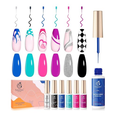 Beetles Gel Liner Nail Polish, 6 Colors Nail Art Paint for Swirl Nails Neon Blue Hot Pink Sliver Glitter Gel Polish Cyberpunk's Futurism Built Thin Nail Art Brush in Gel Pens Gel Art Polish