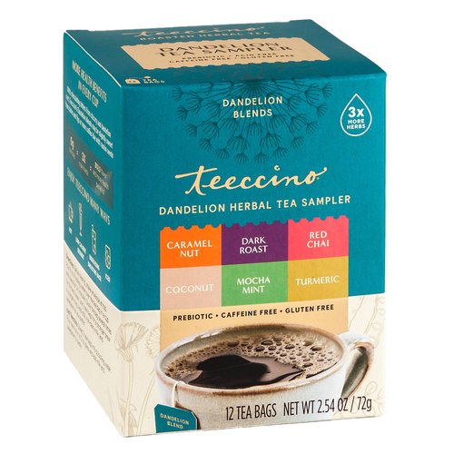 Teeccino Dandelion Tea Sampler – Caramel, Coconut, Dark Roast, Mocha Mint, Red Chai, Turmeric – R...