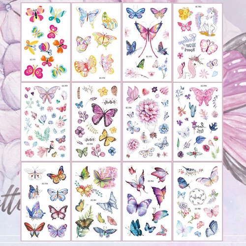 Ooopsiun Butterfly Tattoos for Kids Women - 120 Pcs Cute hand drawing Colorful Art Butterfly Temporary Tattoos, Butterfly Party Favors
