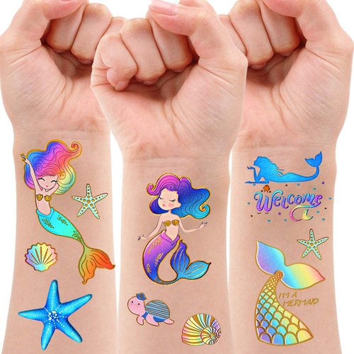 Mermaid Party Supplies Temporary Tattoos - Glitter Mermaid Birthday Party Favors, Mermaid Tail Decorations + Halloween Easter Makeup (6 Sheet)