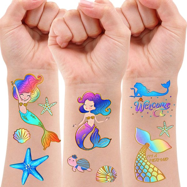 Mermaid Party Supplies Temporary Tattoos - Glitter Mermaid Birthday Party Favors, Mermaid Tail Decorations + Halloween Easter Makeup (6 Sheet)
