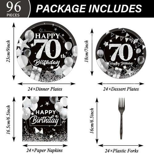 OBUSATT 96PCS 70th Birthday Party Supplies Black and White Silver 70th Happy Birthday Paper Plates Napkins 70th Party Decorations 70 Years Old Dinnerware Party Favor Men Women Tableware Serves 24