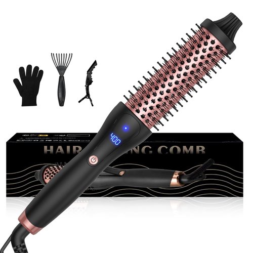 1.5 Inch Thermal Brush, Hot Round Brush for Straightening, Curling & Detangling, Heated Curling Brush with Dual Voltage, Fast Heating, 9 Temper Setting, Perfect for Travel & All Hair Types, Black Gold