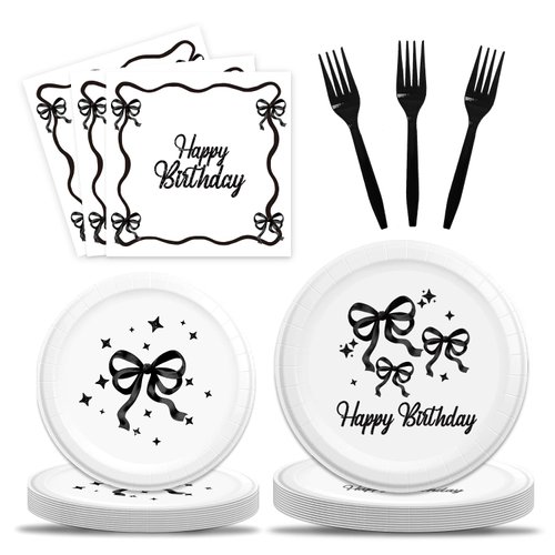 Black Bow Birthday Party Supplies, 96Pcs Conquette Birthday Decorations Includes Black Bow Napink...