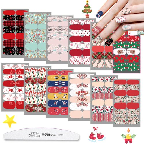 WOKOTO 12 Sheets Christmas Nail Polish Strips Full Nail Wraps for Women Nail Strips Stickers Nail Polish Stickers Nail Art Stickers Self Adhesive Christmas Nail Stickers Stick On Nail Polish Wraps