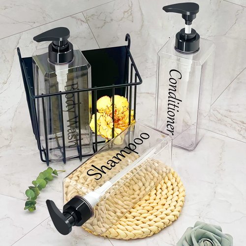 Shampoo and Conditioner Dispenser(Clear, Set of 3, 27oz)- Refillable & EmptyShampoo and Conditioner Bottles- Body Wash Dispenser Set-Modern Shampoo Bottles for Shower Soap