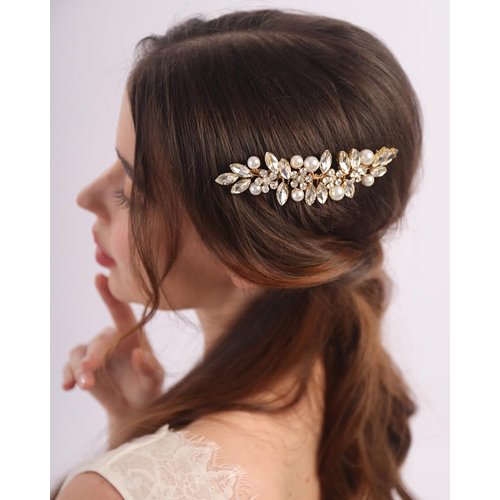 Rumtock Gold Hair Comb with Pearl Beads Crystal Rhinestones Sparke Hair Piece for Wedding Brides