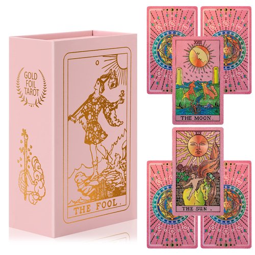 LYINGFISH Tarot Cards Pink Tarot Cards with Guide Book Waterproof and Wrinkle Resistant Tarot Gold Foil Tarot Cards for Beginners Pink Tarot Deck Tarot Cards with Meanings on Them Gold Tarot Cards