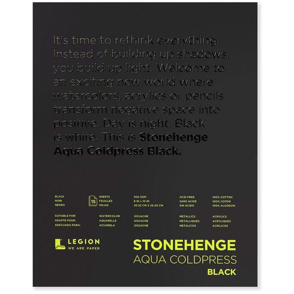 Stonehenge Legion Aqua Watercolor Pad, 140lb, Cold Press, 8 by 10 Inches, Black Paper, 15 Sheets