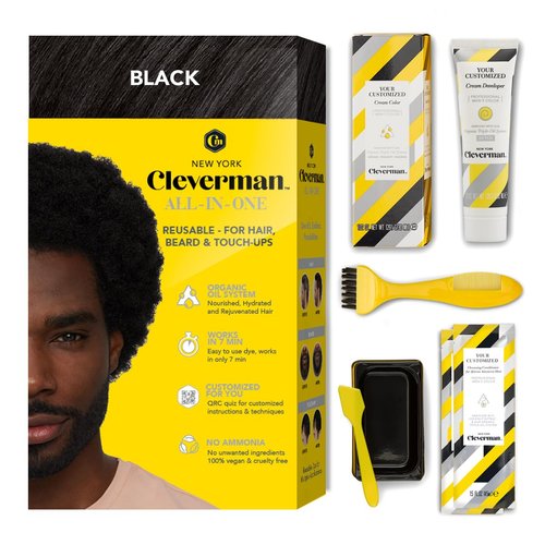 Cleverman Hair & Beard Dye Kit for Men, All-in-One Reusable Mens Hair Color, Natural Gray Coverage, Ammonia-Free Beard Mustache Dye for Men (Black for Black Men)