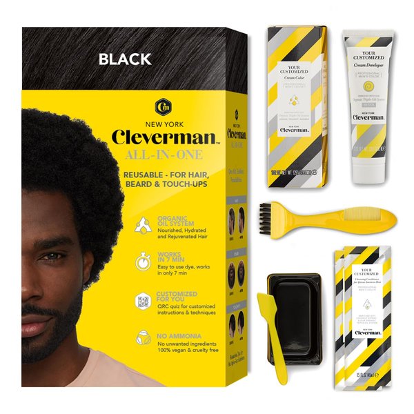 Cleverman Hair & Beard Dye Kit for Men, All-in-One Reusable Mens Hair Color, Natural Gray Coverage, Ammonia-Free Beard Mustache Dye for Men (Black for Black Men)