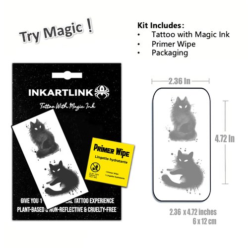 INKARTLINK Semi Permanent Tattoos, realistic cat tattoos, temporary tattoos, adult art designs, party favors, waterproof, no adhesive, no reflective, lasts 1-2 weeks (Cute Black Cat)