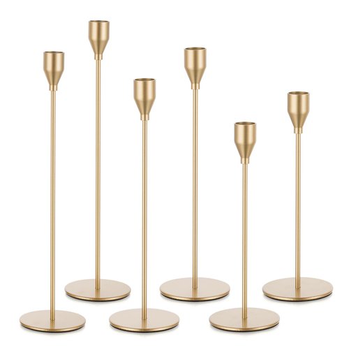 Candeldo Gold Taper Candle Holders: Set of 6 Tall Candlestick Holder for Table Centerpiece Metal Brass Candles Stick Holders Candle Stand Brushed Wedding Decor