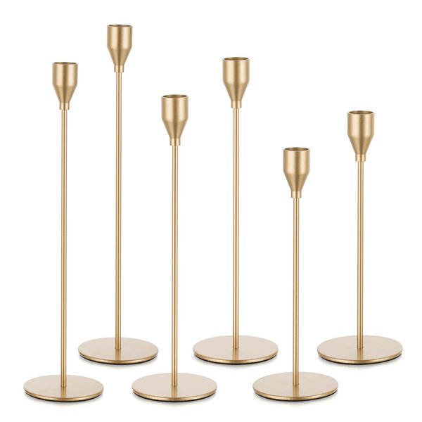 Candeldo Gold Taper Candle Holders: Set of 6 Tall Candlestick Holder for Table Centerpiece Metal Brass Candles Stick Holders Candle Stand Brushed Wedding Decor