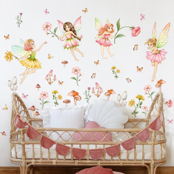 Flower Fairy Wall Decal, Woodland Mushroom Wall Decals, Butterfly Girl Wall Stickers，Removable Floral Wall Murals Peel and Stick Kids Wall Art Wallpaper Living Room Nursery Playroom.