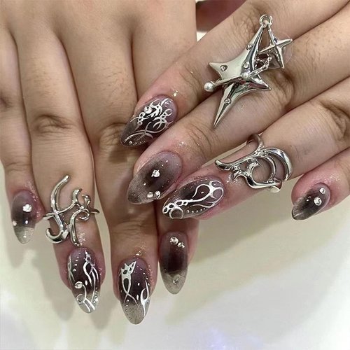 IMSOHOT Almond Press on Nails Medium Glossy Stiletto Fake Nails Diamond Glue on Nails Black Ombre False Nails with Designs Full Cover Clear Acrylic Nails for Women