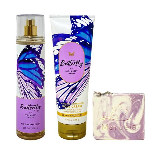 Bath & Body Works Butterfly Fragrance Mist and Body Cream Bundle with a Lavender Dream Bar Soap - Full Size