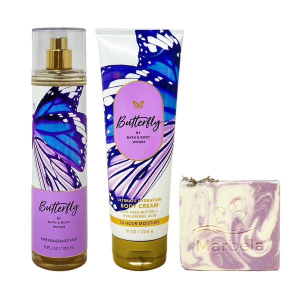 Bath & Body Works Butterfly Fragrance Mist and Body Cream Bundle with a Lavender Dream Bar Soap - Full Size