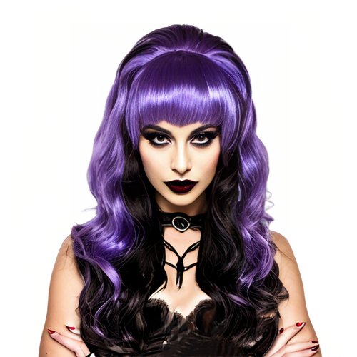NJJYXH 20 Inches Retro Beehive Purple Mixed Black Wigs for Women Long Wavy Wig with Neat Bangs Synthetic Natural Wig for 60s 70s 80s Cosplay,Halloween,Daily Use