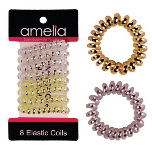 Amelia Beauty 1.5in Spiral Hair Ties - Pack of 8 Small Shinny Elastic Hair Telephone Cord Coils, Strong Hold, Gentle on Hair, Silver, Gold