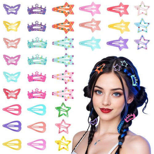 Tyqour 36Pcs Hair Clips for Girls No Slip Hair Snap Clips Colorful Star Clips Cute Butterfly Snap Clips for Hair Crown Heart Shaped Hairclips for Girls Toddlers Kids Teens Women
