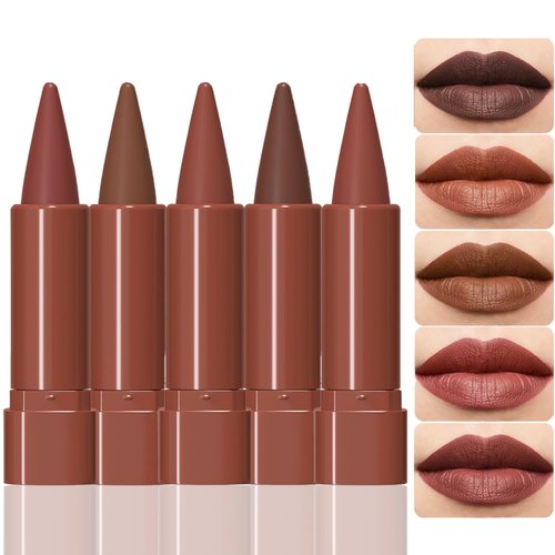 Bekoeen 5Pcs Nude Lipstick Lip Liner Matte Sets, 2 in 1 Plumping Smooth Lipliner, for Women Long Lasting Waterproof 24 Hours Lip Stick Lip Stain Makeup Gift Sets