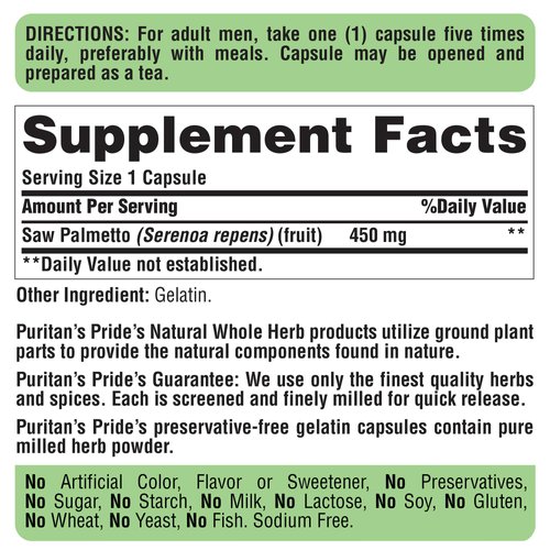 Puritan's Pride Saw Palmetto 450 Mg, Supports Prostate and Urinary Health, 200 Count