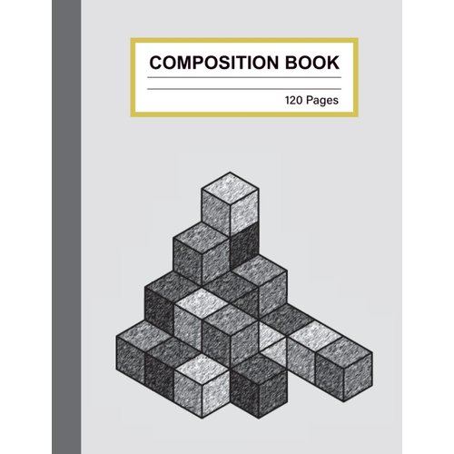 Composition Notebook: Wooden Cube Composition Book - Wide Ruled, 8.5x11, 120 Pages, Grey Wood Texture, Black Edge, Grey