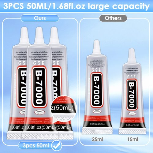 B7000 Glue for Rhinestones Crafts, 3PCS 50ML 1.68fl.oz Clear B-7000 Super Jewelry Glue Transparent Industrial Adhesive for Fabric Phone Repair Jewelery Making Crystal Gem Tac Nail Art Stone Glass