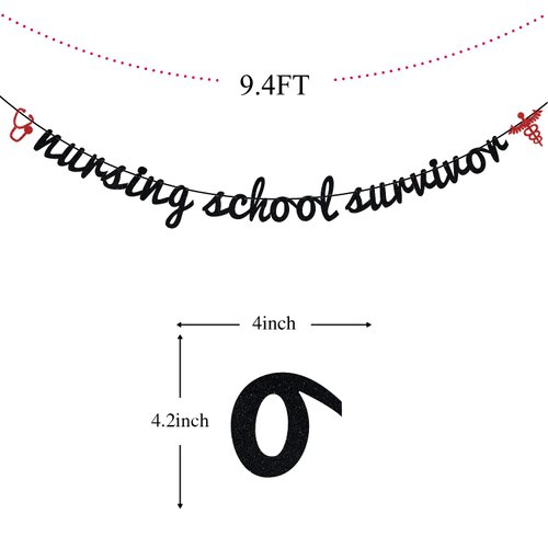 Black Glitter Nursing School Survivor Banner - 2024 Nurse Graduation Decorations - Congrats Nurse/RN, Medical School Graduation Party Supplies