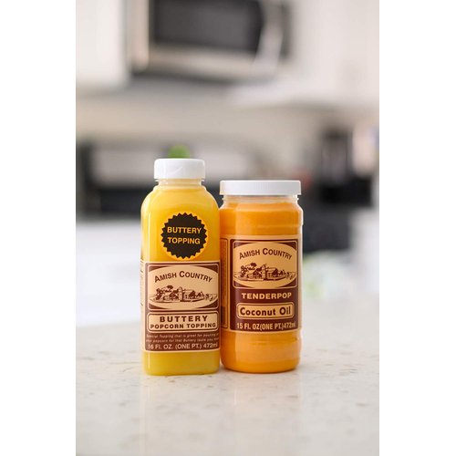 Amish Country Popcorn | Coconut Oil and Buttery Topping Bundle | 15 oz Coconut Oil and 16 oz Buttery Popcorn Topping | Old Fashioned, Non-GMO and Gluten Free