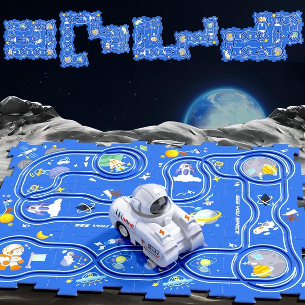 BLUEYAK Puzzle Racer Kids Car Track Play Set Space Toddler Puzzle DIY Assembling Electric Trolley, Astronauts Montessori Educational Toys Christmas Stocking Stuffers Gift
