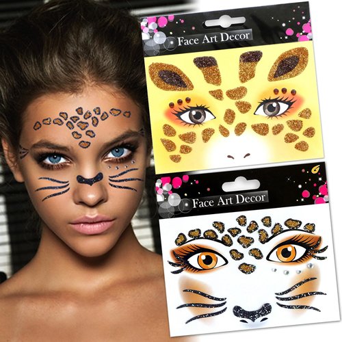 WRBAJIS Halloween Face Tattoos Glitter Leopard Deer Temporary Tattoo Stickers Eyes Face Gems Stickers for Women Girls Christmas Makeup Animal Party Decorations Supplies 2Pcs