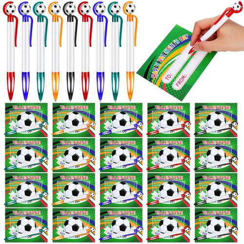 Skyygemm 30 Set Valentine's Day Soccer Hoop Pens with Gift Card Valentine's Day Classroom Exchange Gift Sports Soccer Novelty Ballpoint for Valentine's Sports Party Favor
