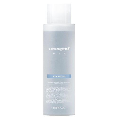 COMMON GROUND NUE Aqua Micellar Water Makeup Remover 3-in-1 Cleanser, Astringent, Makeup Remover, Non-Greasy, No-Rinse, Hydrating, Plant-Based, Organic Aloe Vera & Cucumber, 8.4 Fl Oz
