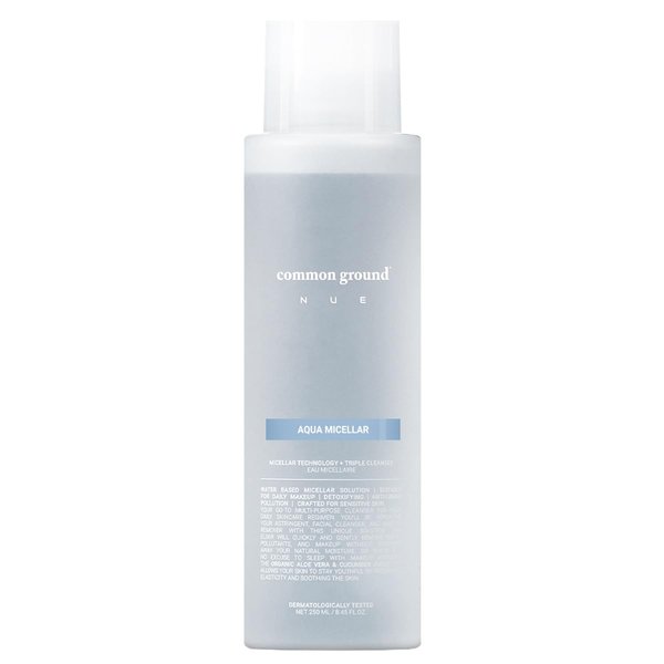 COMMON GROUND NUE Aqua Micellar Water Makeup Remover 3-in-1 Cleanser, Astringent, Makeup Remover, Non-Greasy, No-Rinse, Hydrating, Plant-Based, Organic Aloe Vera & Cucumber, 8.4 Fl Oz