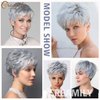 Creamily Short Grey Wigs Pixie Cut Wigs with White Bangs Straight Layered Synthetic Hair Placement Wigs for Women Halloween Costume Wigs (Grey Mixed White with White Bangs)